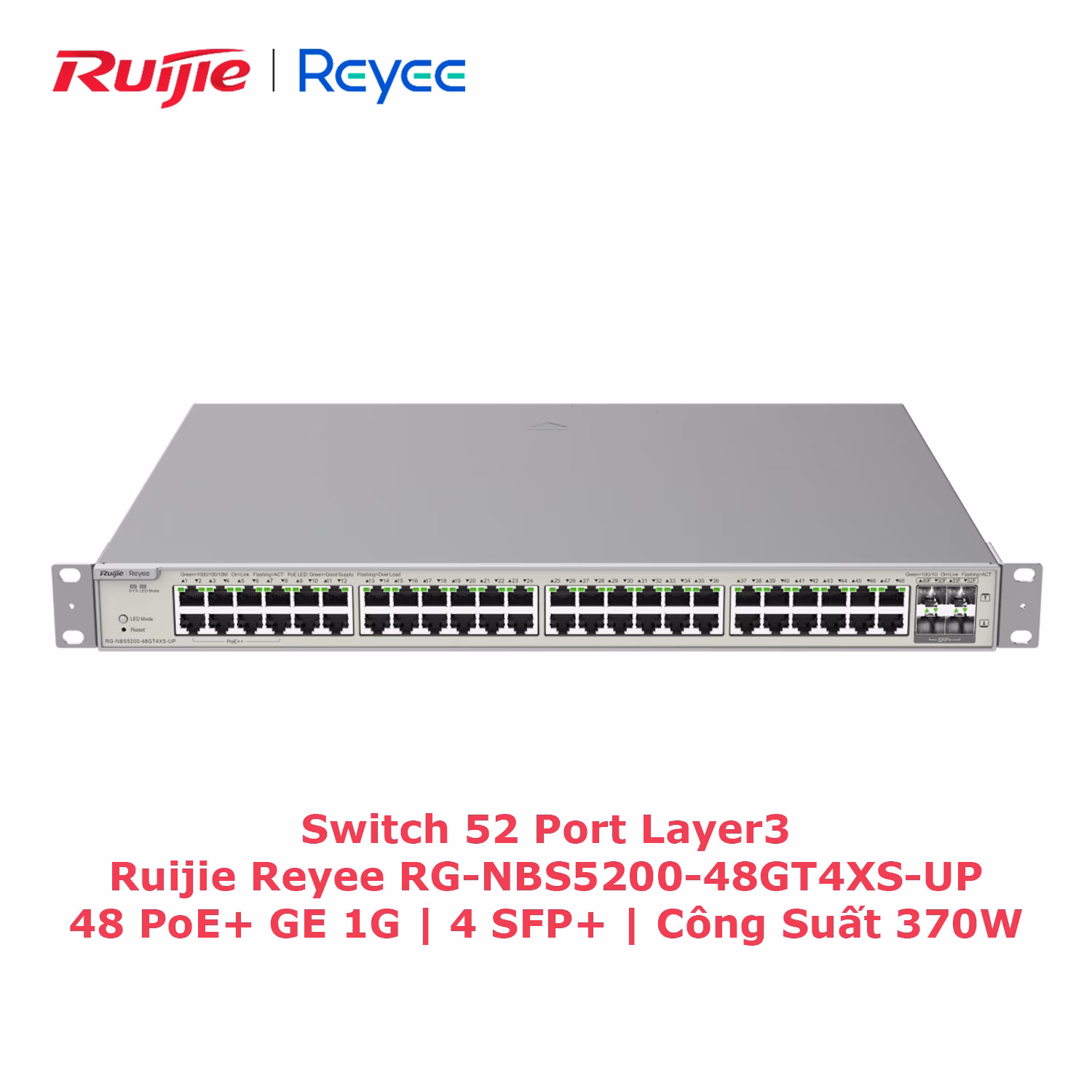 Switch PoE+ 52 Port Layer 3 Ruijie RG-NBS5200-48GT4XS-UP, Công Suất 740W, Kết Nối Mạnh Mẽ