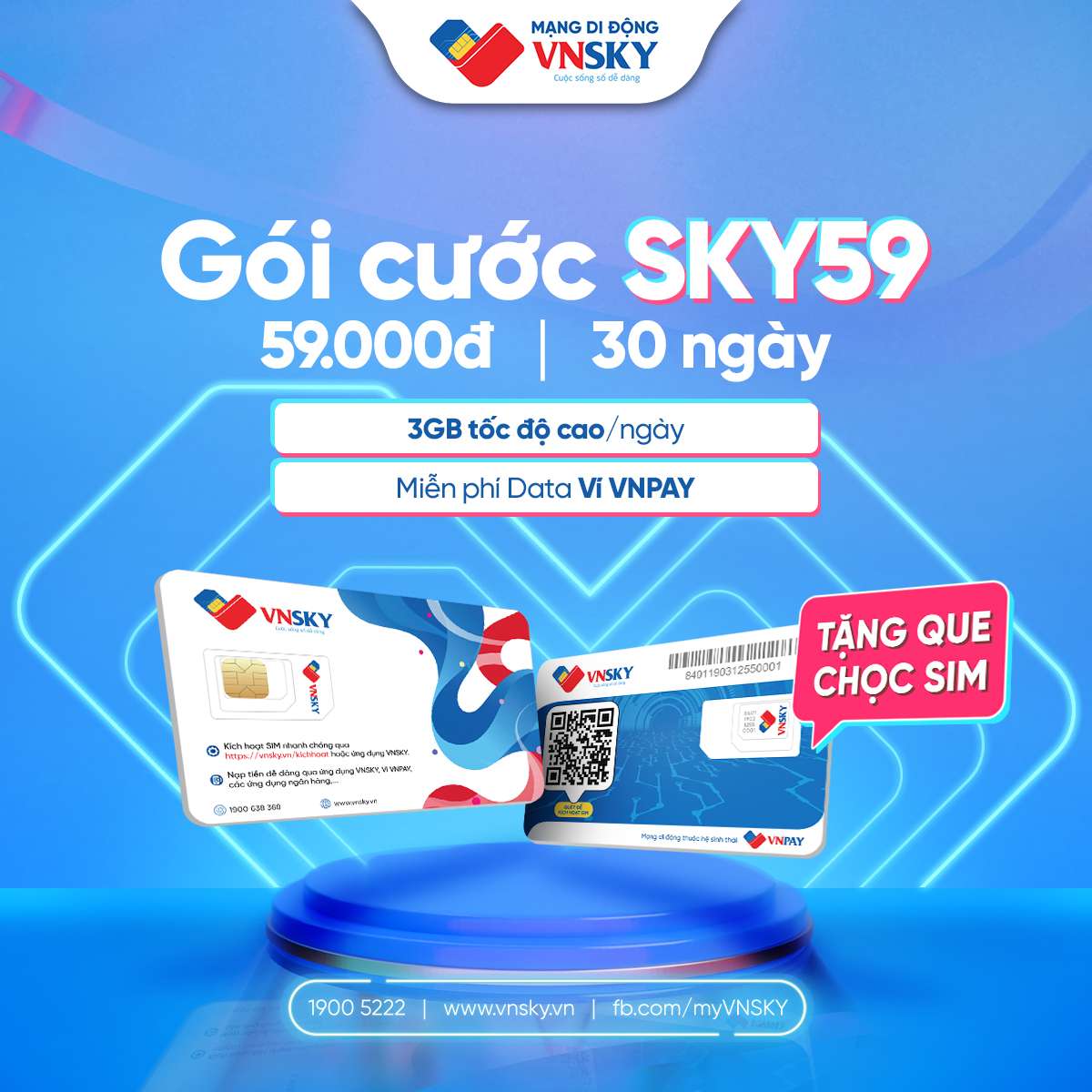 Sim Vnsky SKY59 3GB/Ngày (90GB/Tháng) không giới hạn 3Mbps, trọn gói 12 tháng