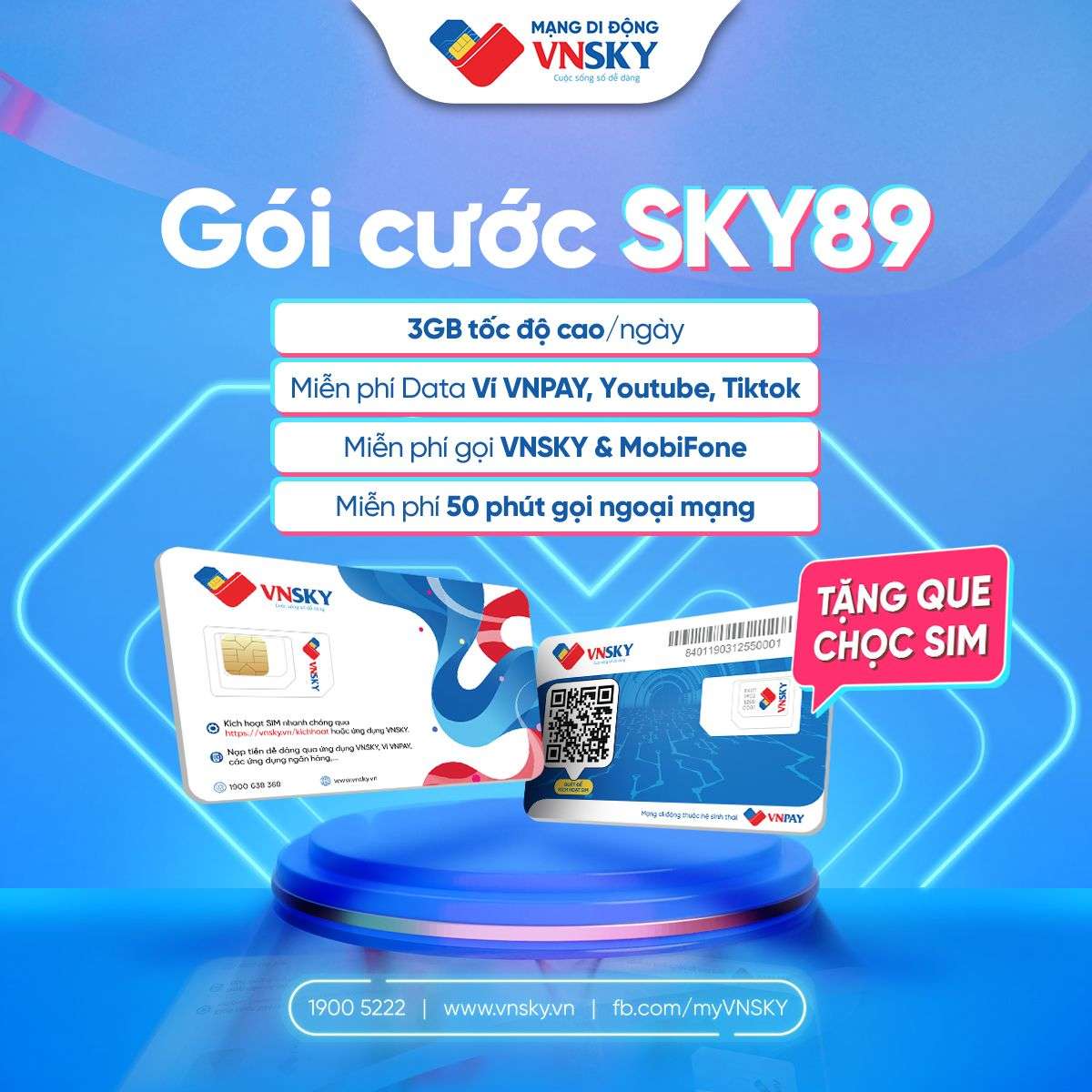 Sim Vnsky SKY89 3GB/Ngày (90GB/Tháng) không giới hạn 3Mbps, miễn phí Youtube, Tiktok, trọn gói 12 tháng