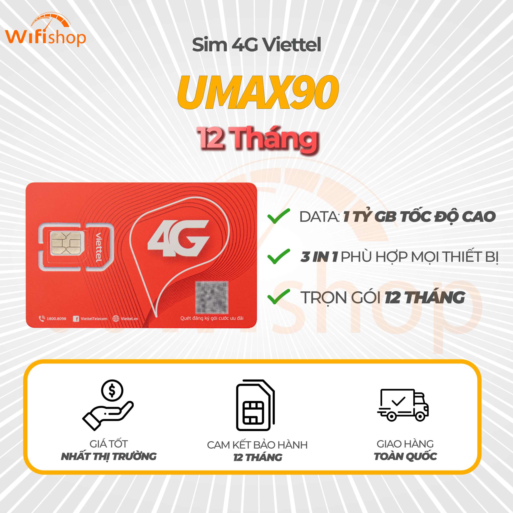 Sim Viettel 4G UMAX90 Data Không Giới Hạn - 1 tỷ GB/ tháng, trọn gói 12 tháng không nạp tiền