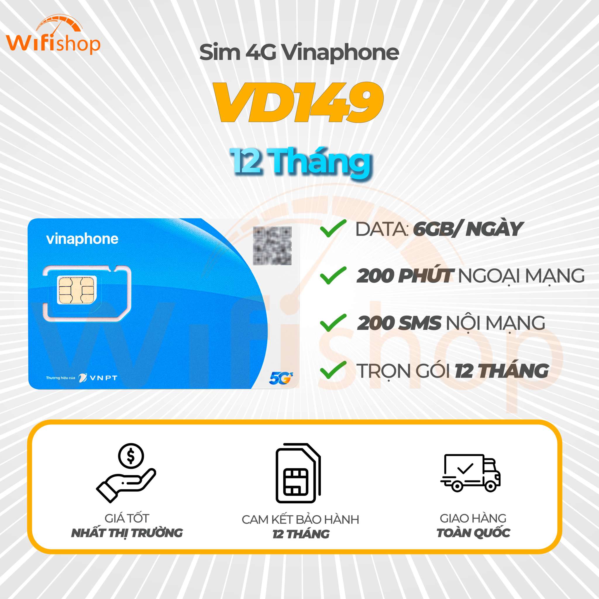 Sim 4G Vinaphone VD149 6GB/Ngày, miễn phí gọi thoại, 12 tháng không nạp tiền