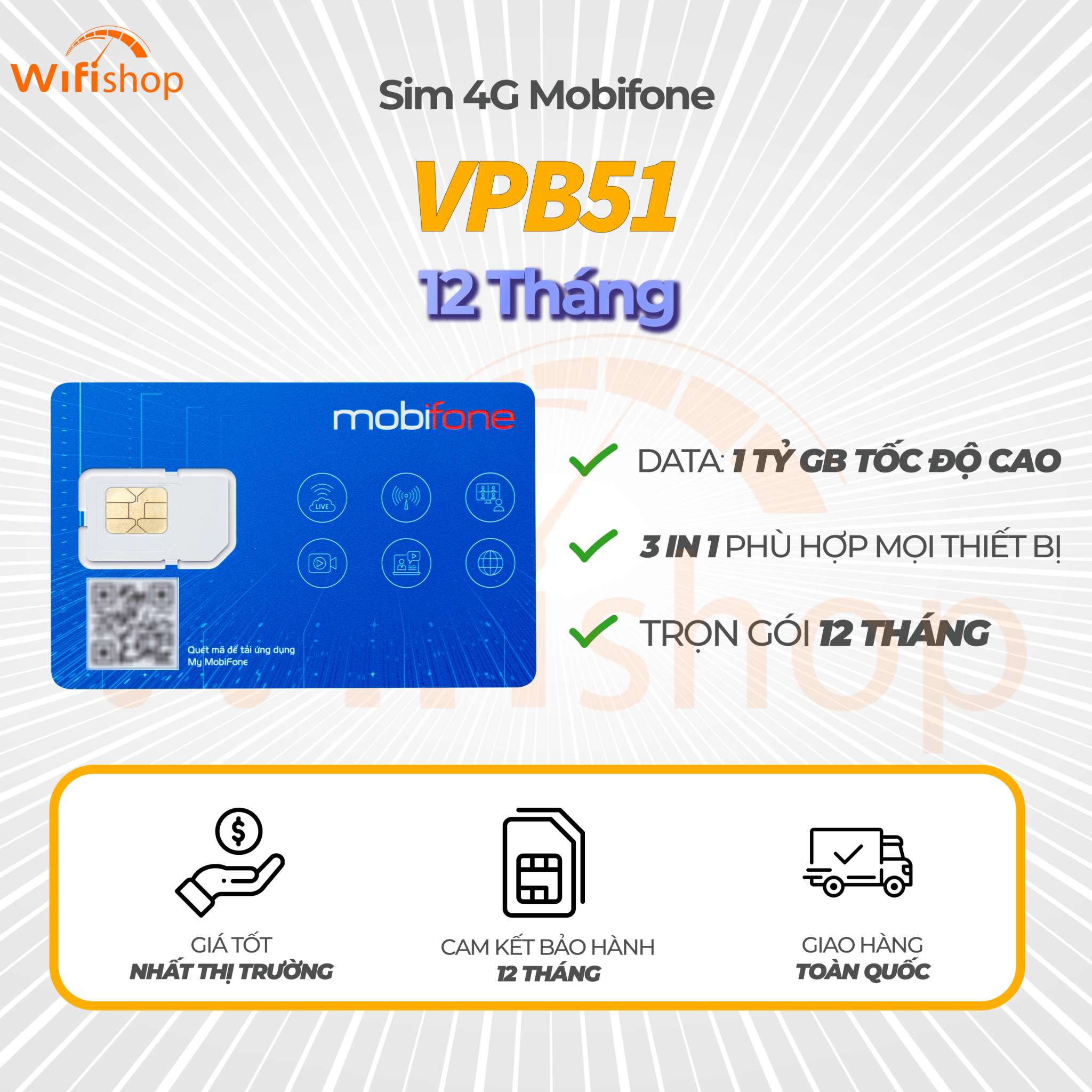 SIM 4G Mobifone VPB51, Không giới hạn dung lượng data tốc độ cao, Trọn Gói 12 Tháng không phải nạp tiền Đã Đăng Ký Thông Tin